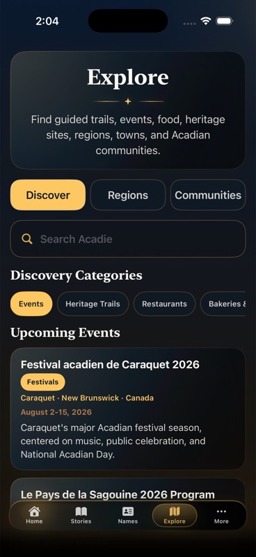 Current Acadie Explore screen.