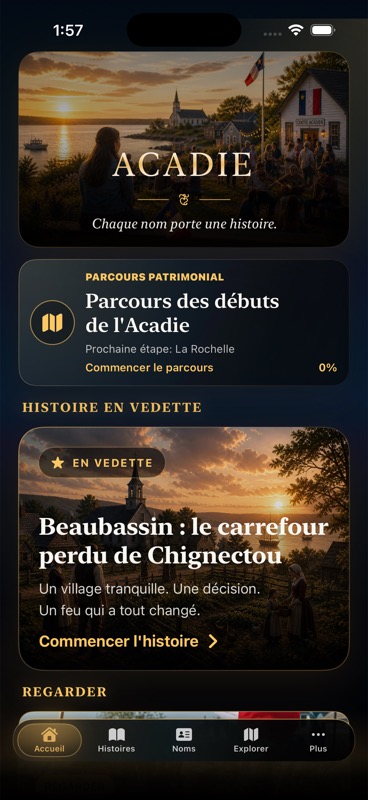 Écran d’accueil actuel d’Acadie.