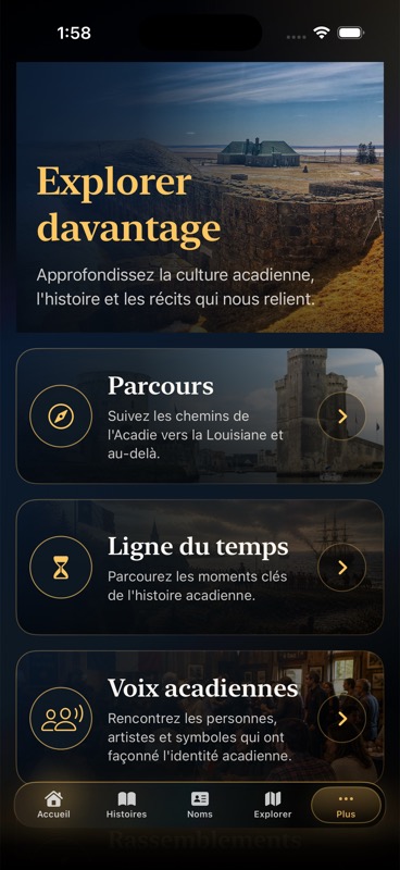 Écran Plus actuel d’Acadie avec des chemins vers d’autres sections du guide.