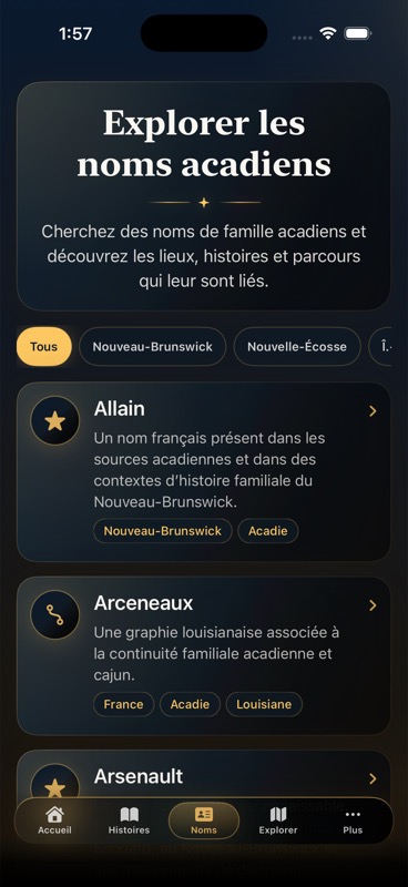 Écran Noms actuel d’Acadie.