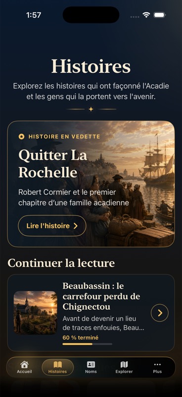 Écran Histoires actuel d’Acadie.