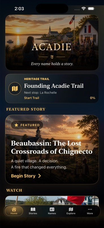 Current Acadie app screenshot.