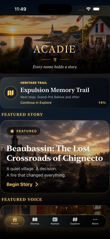 Acadie app screenshot showing a heritage trail, featured story, and featured voice.