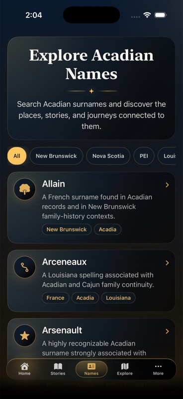 Current Acadie Names screen.