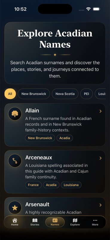 Acadie Names screen showing Acadian family names and related stories.