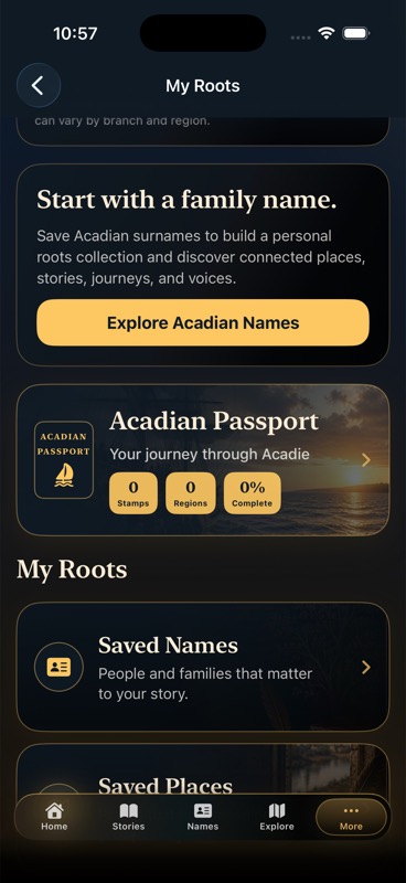 Acadie My Roots screen showing Acadian Passport progress.