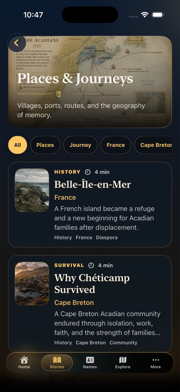 Acadie Places and Journeys screen with Belle-Ile-en-Mer and Why Cheticamp Survived.