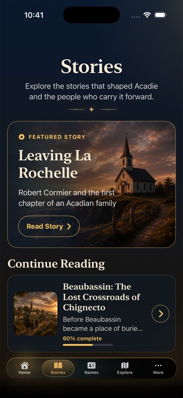 Acadie Stories screen with a featured story and continue reading card.