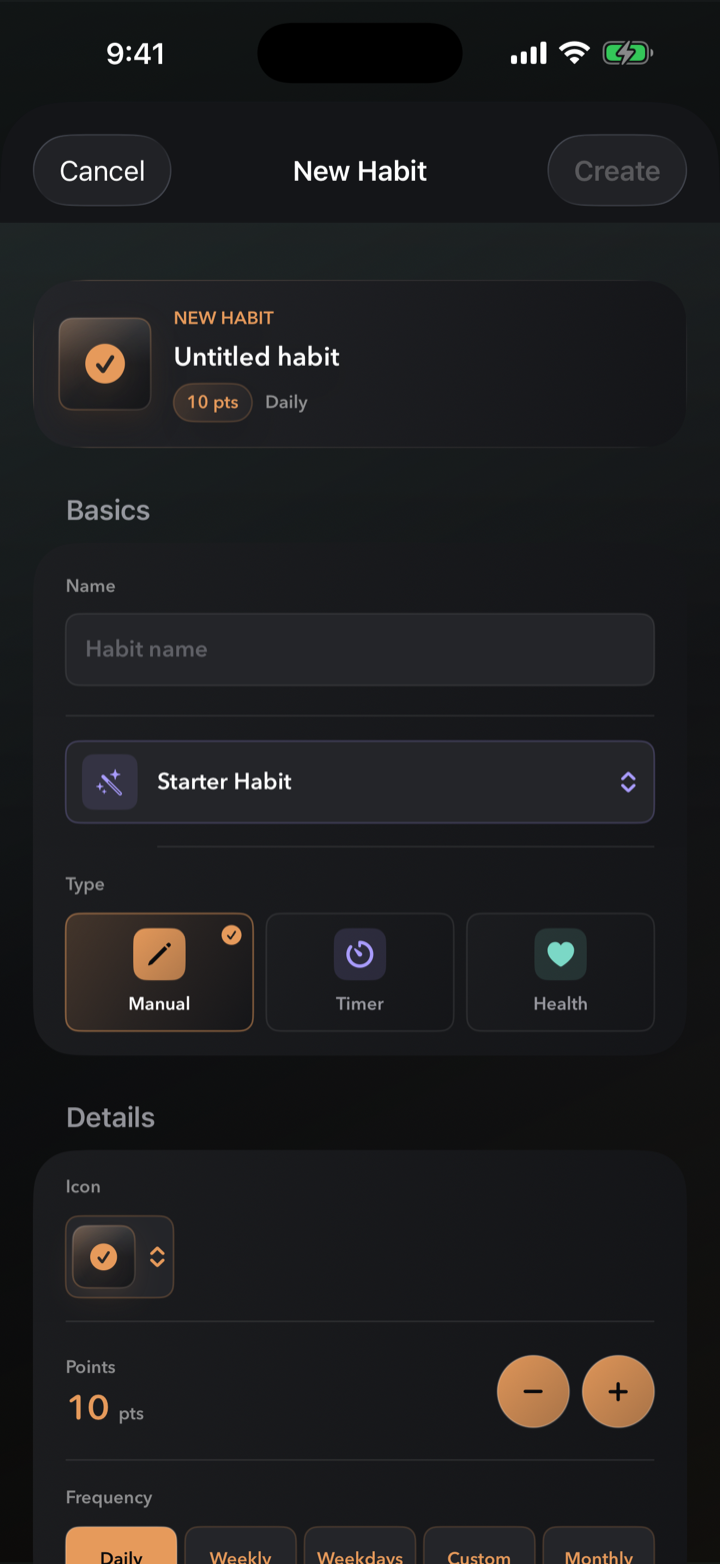 Habit Wallet add habit screen with manual, timed, and Health habit options.