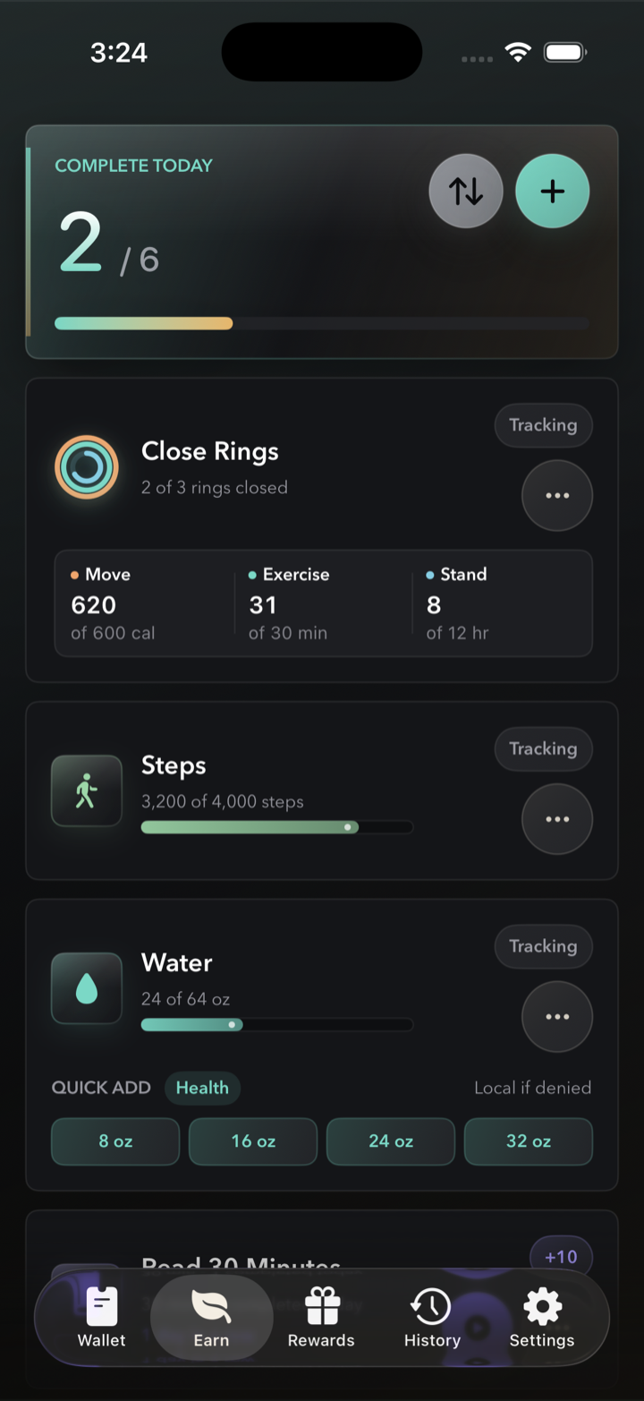 Habit Wallet Earn screen showing daily habits and points.