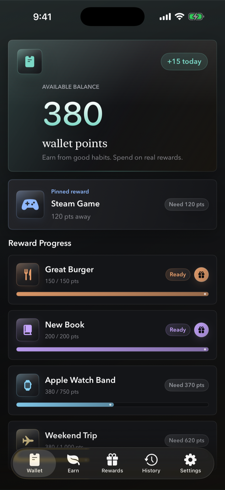 Habit Wallet home screen showing a wallet balance, pinned reward, and recent activity.