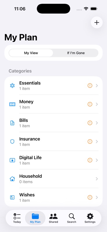 If Needed My Plan screen showing organized categories.