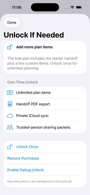 If Needed Lifetime Unlock screen listing unlimited items, PDF export, private iCloud sync, and trusted-person packets.