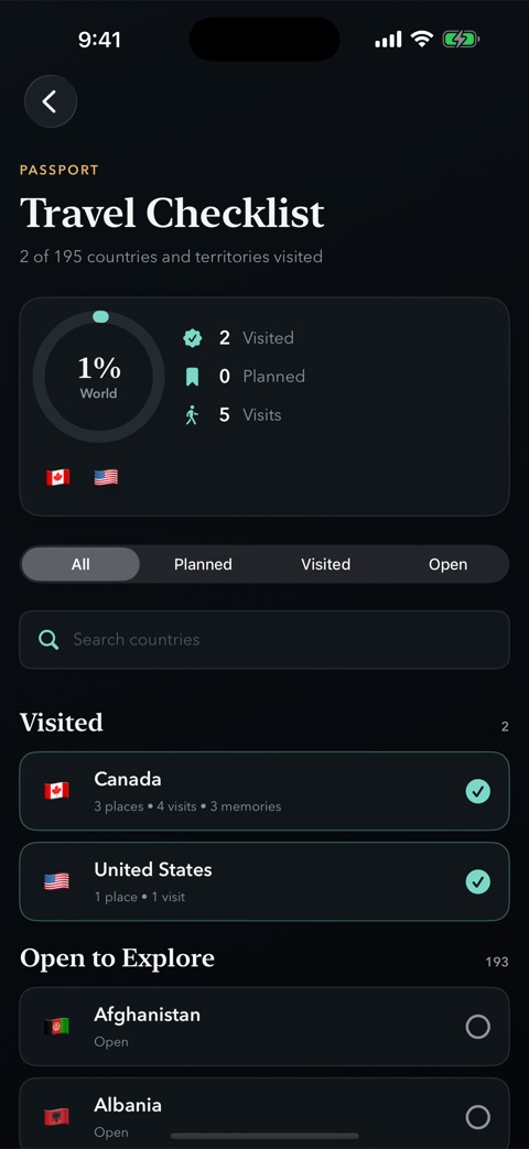 Moments Away Travel Checklist showing countries visited and planned.