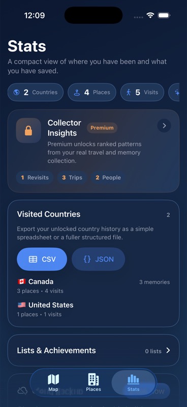 Moments Away Stats screen showing countries, places, visits, and collector insights.