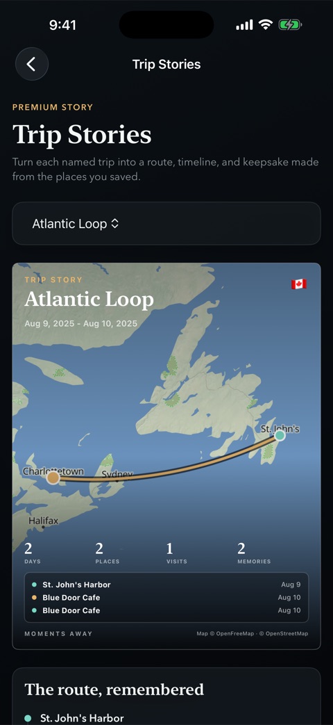 Moments Away Trip Stories screen showing a route, stops, and timeline for a named trip.