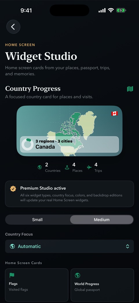 Moments Away Widget Studio showing configurable travel widgets.