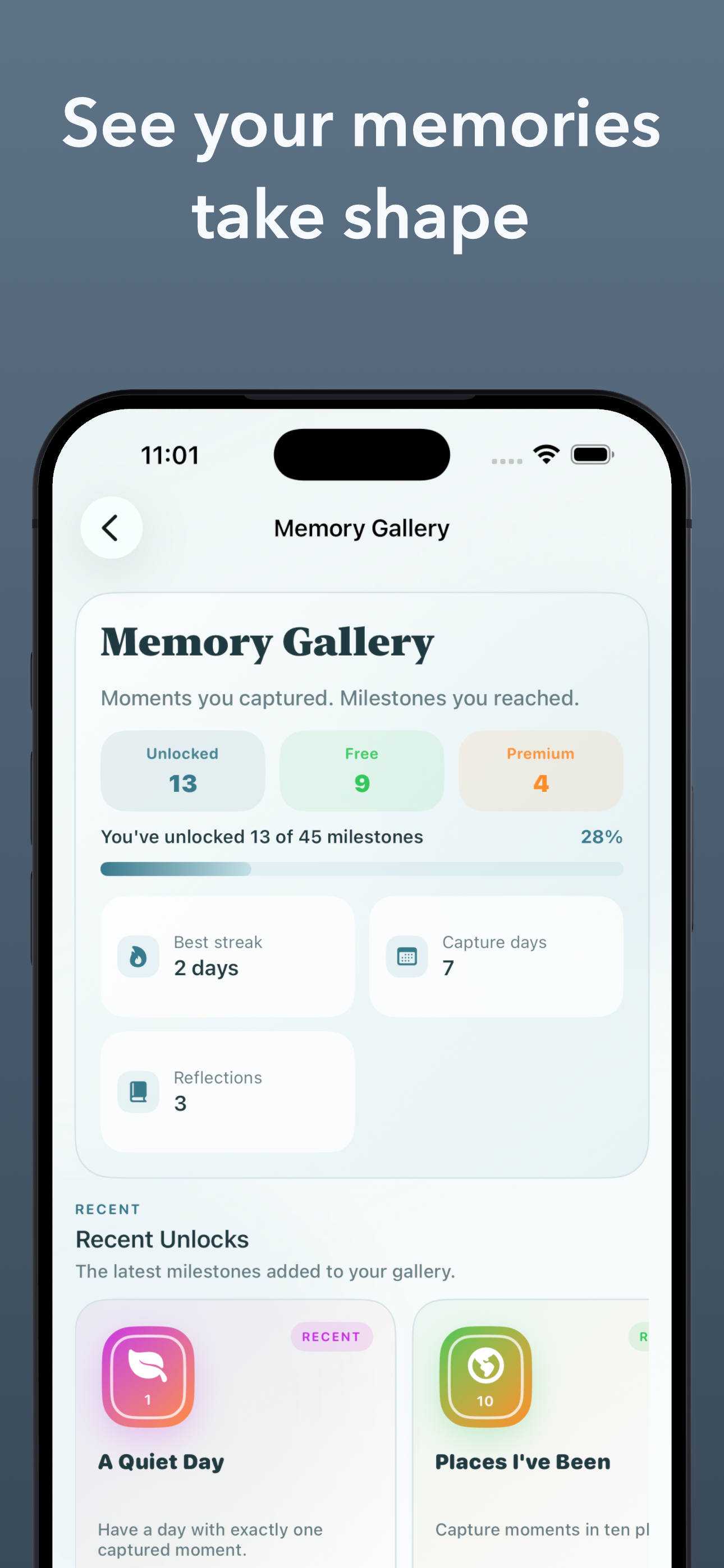 Moments Later v1.1 on iPhone showing the Memory Gallery with unlocked free and premium achievements.