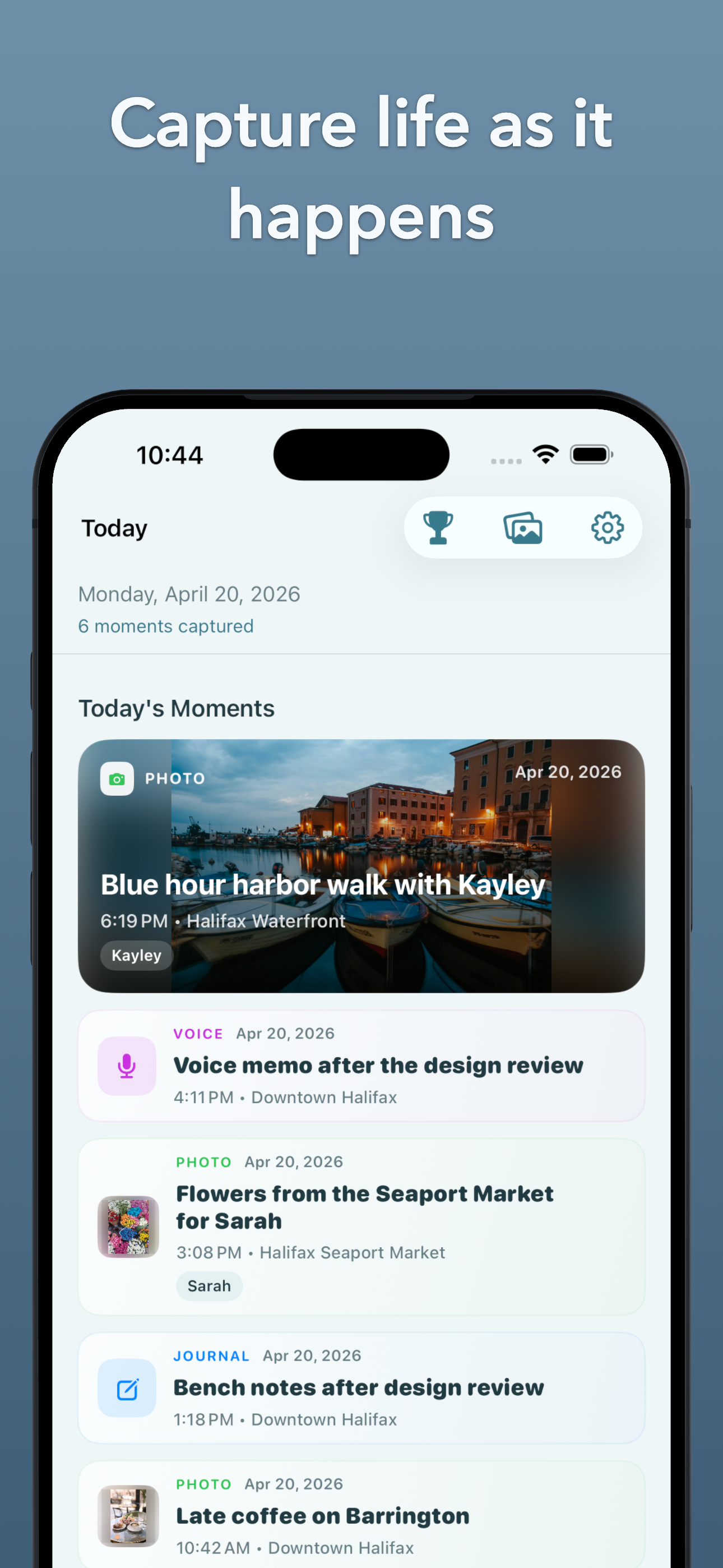 Moments Later app screenshot showing today's captured moments on iPhone.